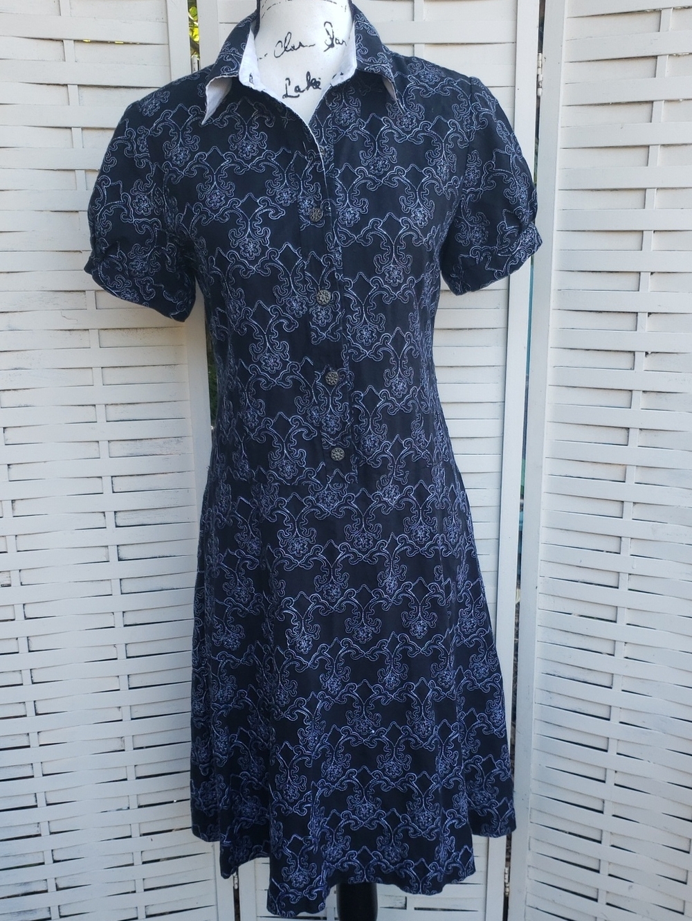 Penta Printed Navy Blue And Gray Embroidery Dress Short-Sleeve Shirt Dress